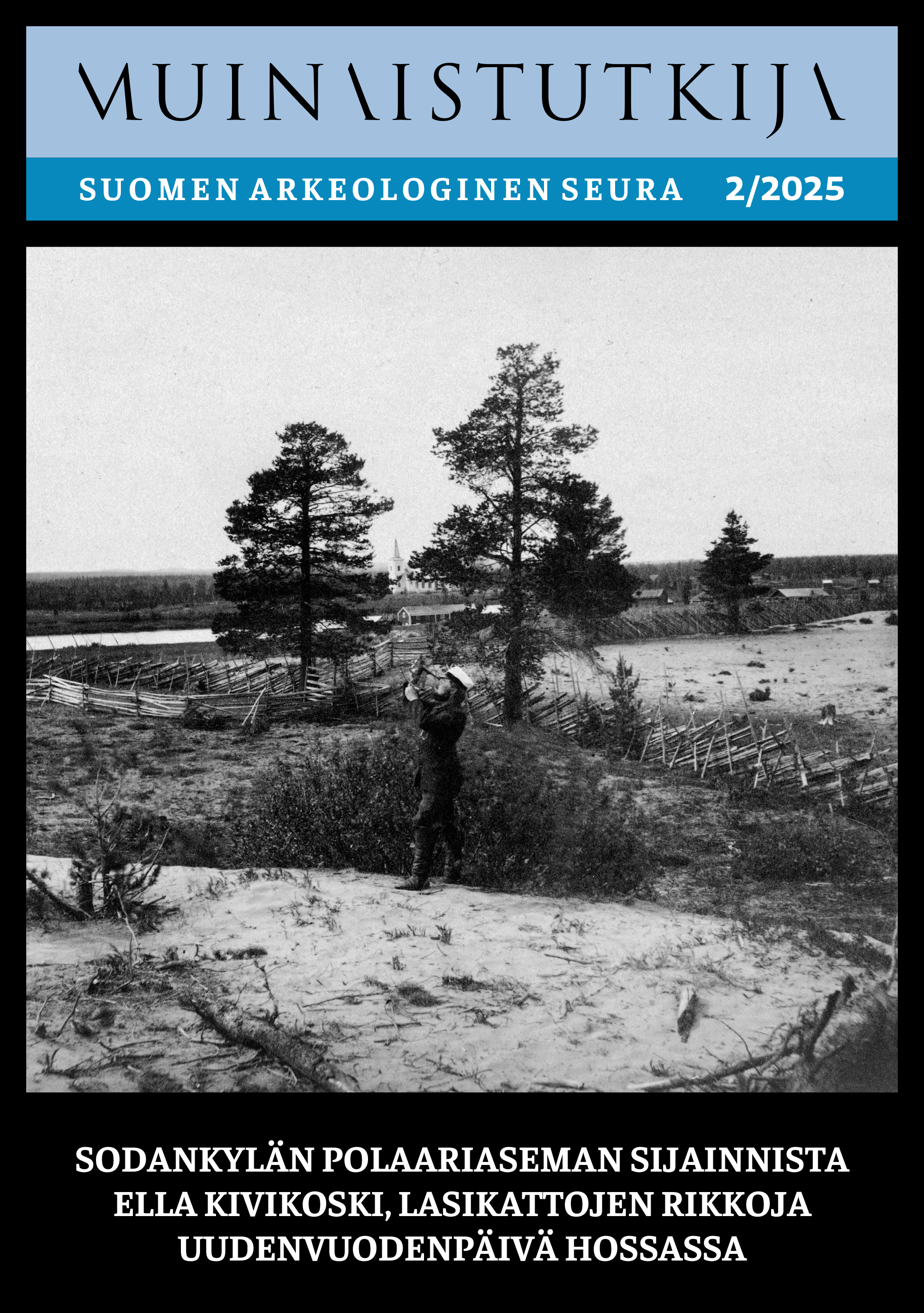 Alfred Petrelius tekemässä luonnontieteellisiä havaintoja. Taustalla kaksi mäntyä ja kaukana Sodankylän kirkko